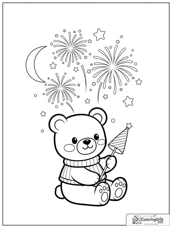 Cute bear watching fireworks in the sky.