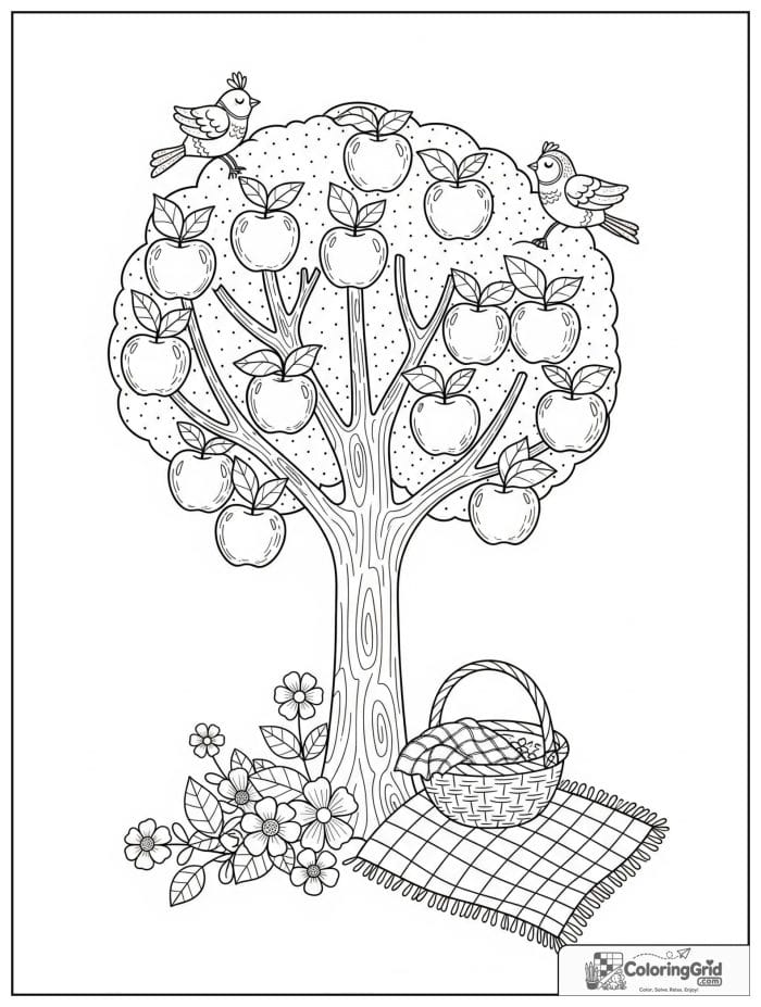 Cute and cozy apple tree with a picnic scene.