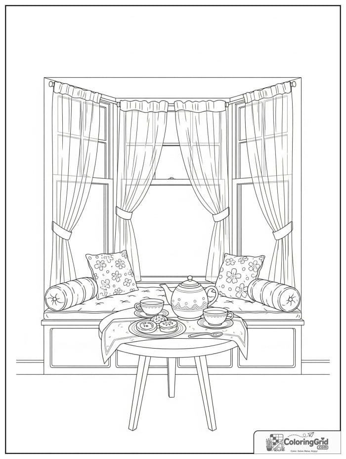 Cute and cozy adult tea corner by a bay window with pastries.