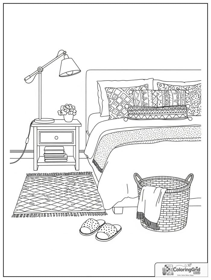 Cute and cozy adult bedroom with layered pillows, rug, and slippers.
