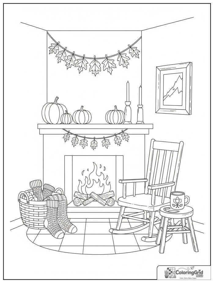 Cute and cozy fall fireplace corner with knit socks and pumpkins.