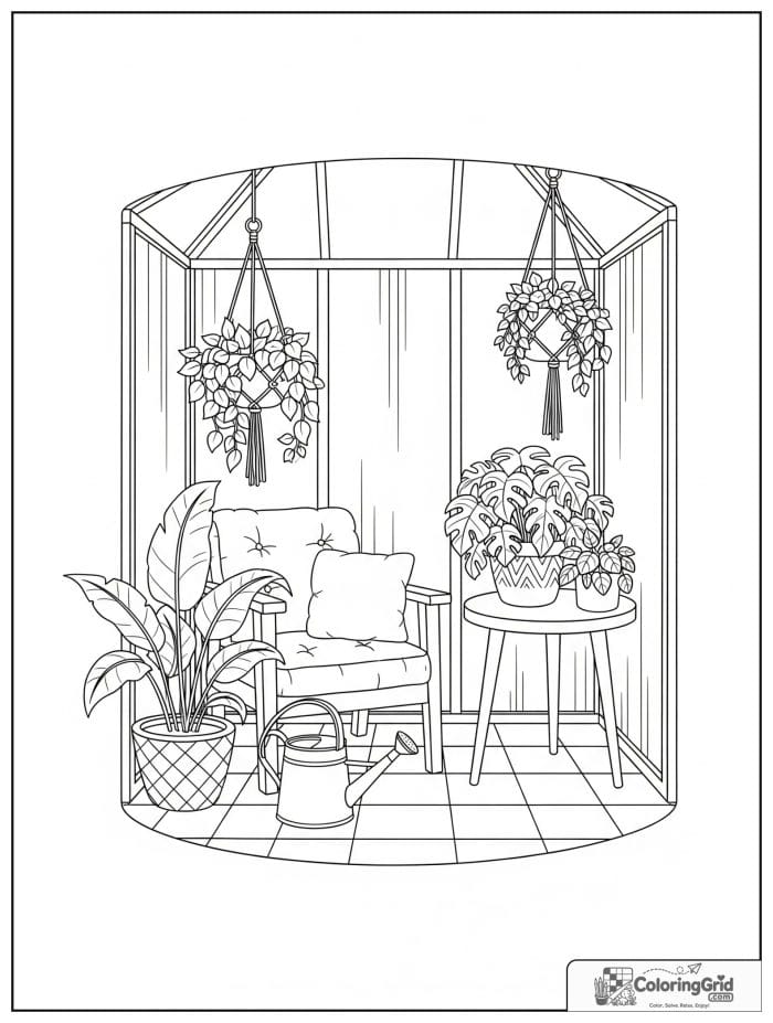 Cute and cozy adult greenhouse corner with plants and a chair.