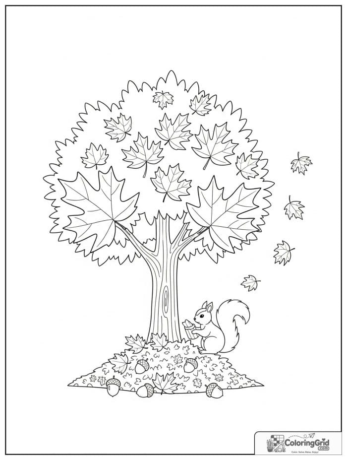 Cute and cozy maple tree with fall leaves and a squirrel.