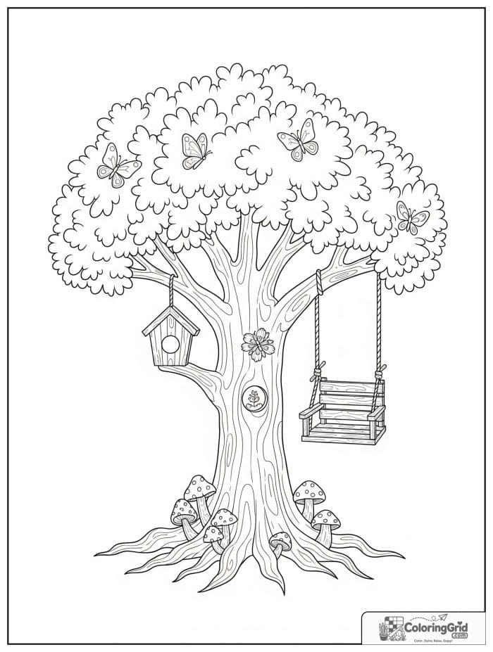 Cute and cozy oak tree with a swing and birdhouse.