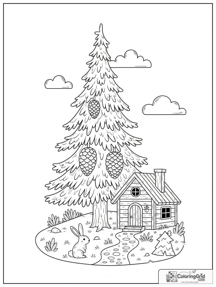 Cute and cozy pine tree beside a tiny cabin.