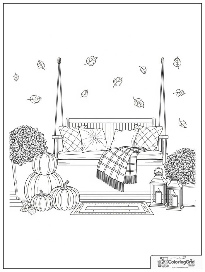 Cute and cozy fall porch with a swing, pumpkins, and lanterns.
