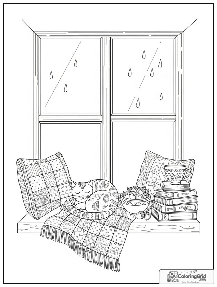 Cute and cozy fall window seat with a cat, books, and rain.