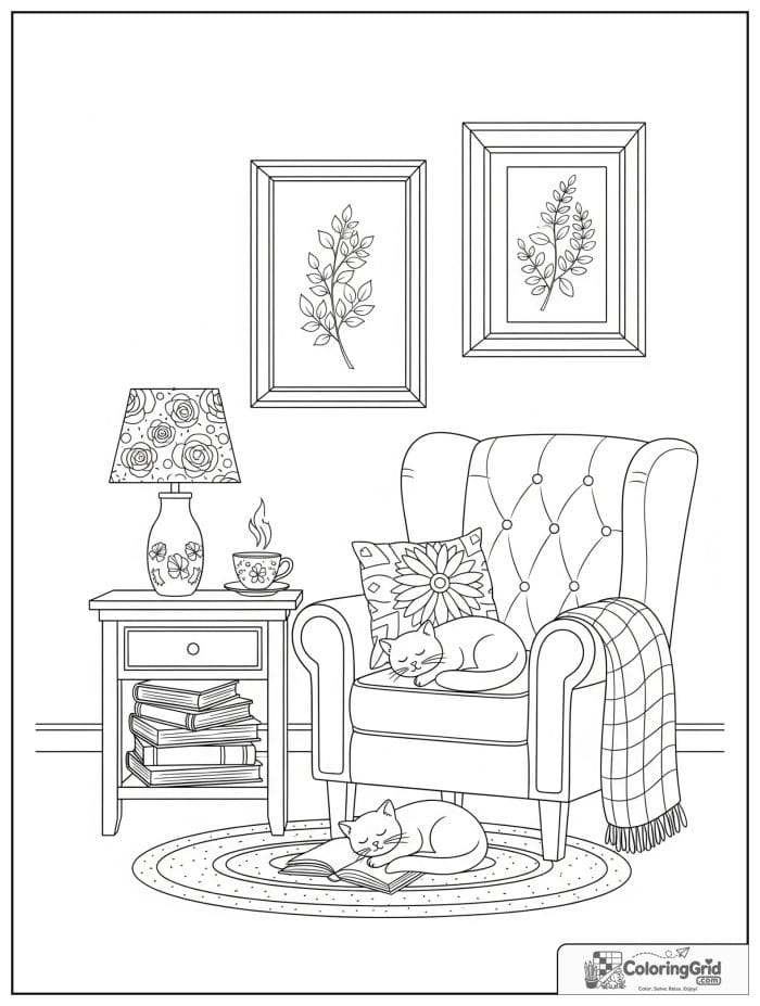 Cute and cozy adult reading nook with a cat, books, and tea.