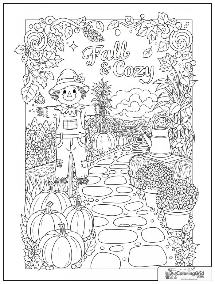Cute and cozy fall garden path with a scarecrow and pumpkins.