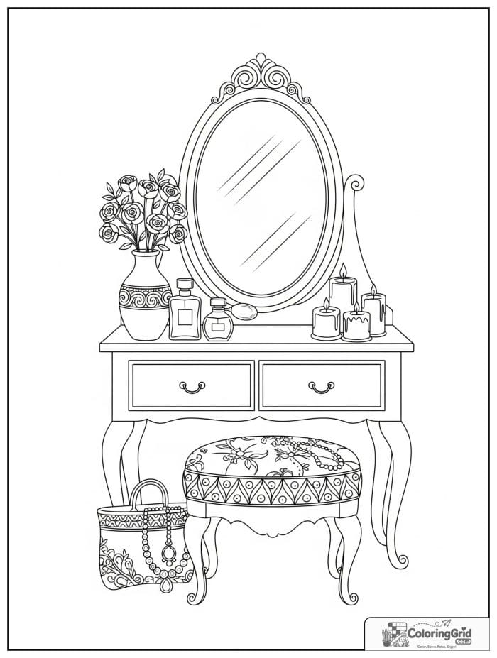 Cute and cozy adult vanity corner with flowers, candles, and perfume.