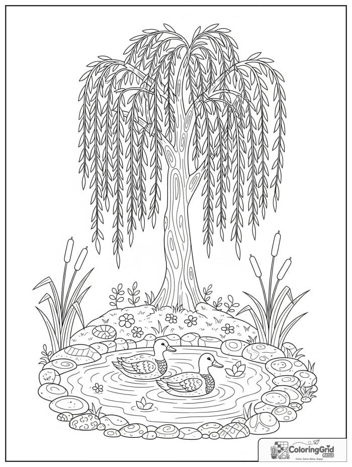 Cute and cozy willow tree beside a pond with ducks.