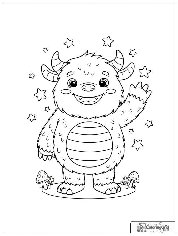 Cute furry monster waving with small horns and stars