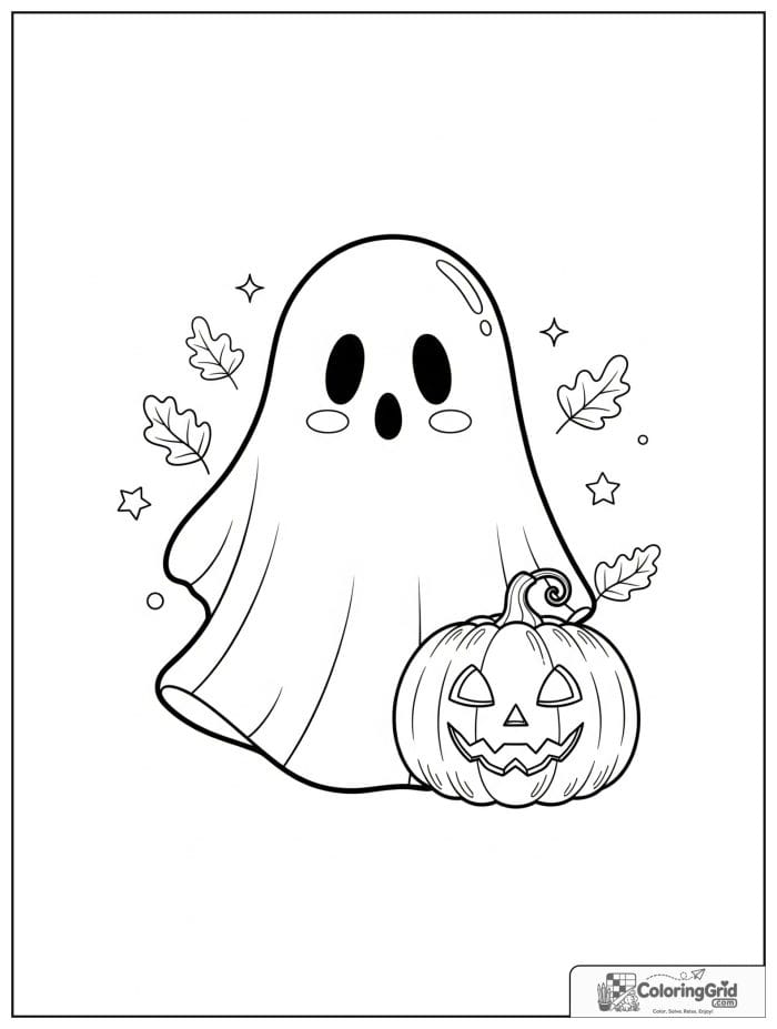 Cute ghost standing beside a jack-o-lantern with small leaf details.