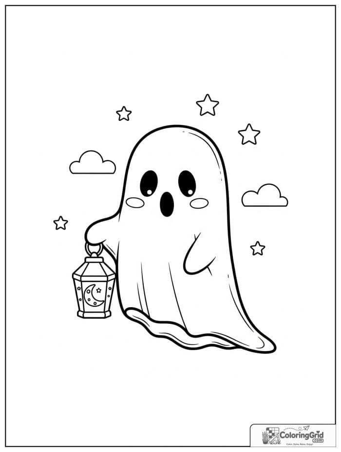 Cute ghost holding a moon lantern with small cloud and star details.