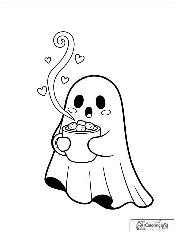 Cute ghost holding hot cocoa with small steam and heart details.