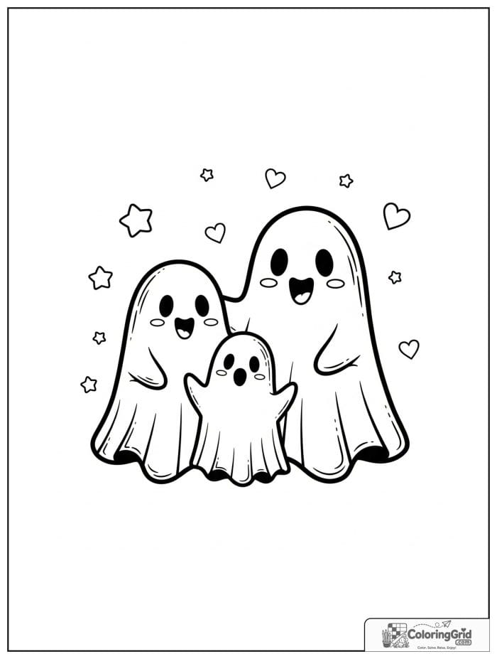 Cute ghost family of three with small heart and star details.