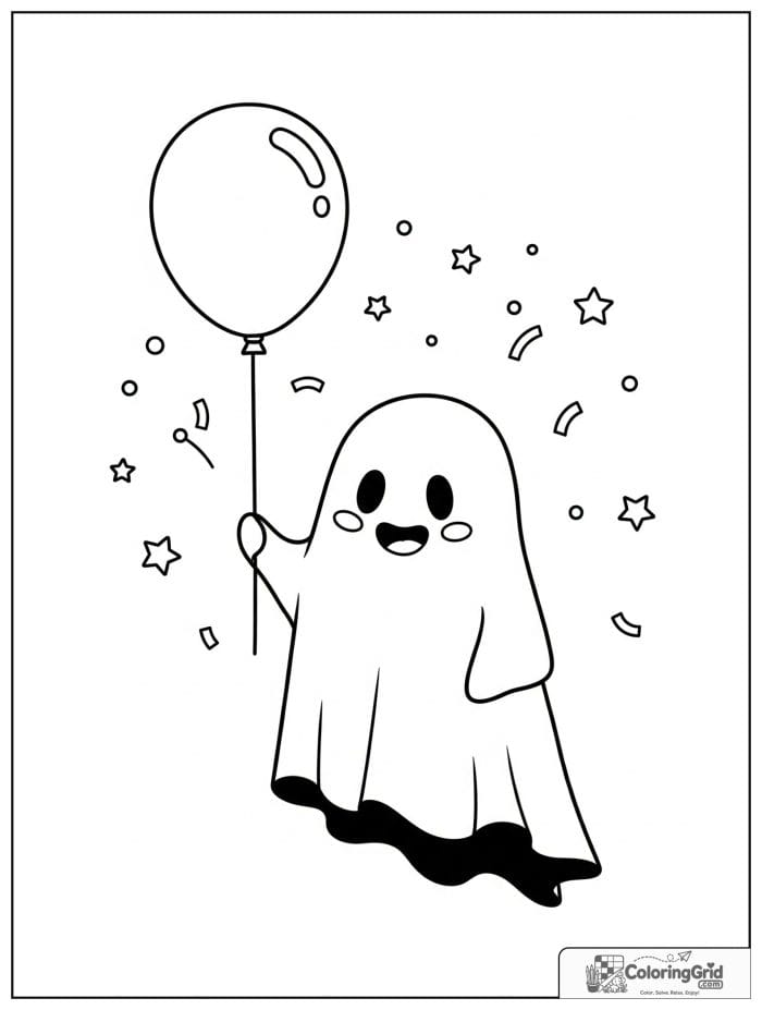 Cute ghost holding a balloon with small confetti in the background.