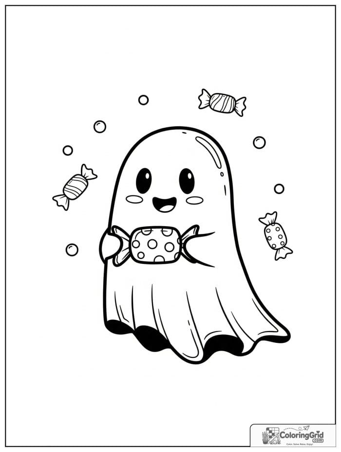 Cute ghost holding candy with small candy details in the background.