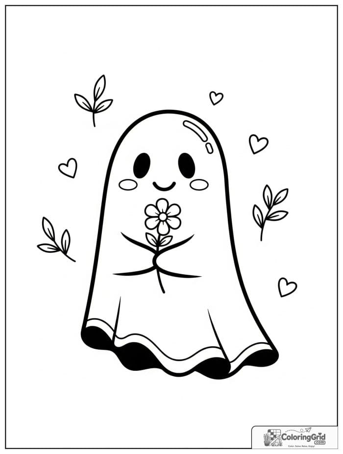 Cute ghost holding a flower with small heart and leaf details.