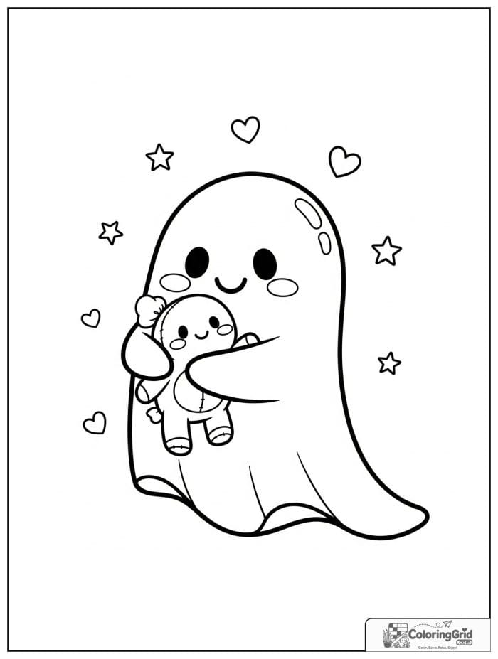 Cute ghost hugging a plush toy with small heart details.