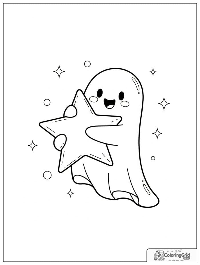 Cute ghost hugging a star with small sparkles in the background.