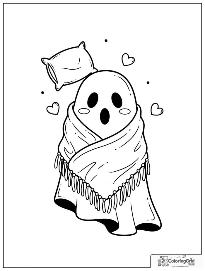 Cute ghost wrapped in a blanket with small cozy details.