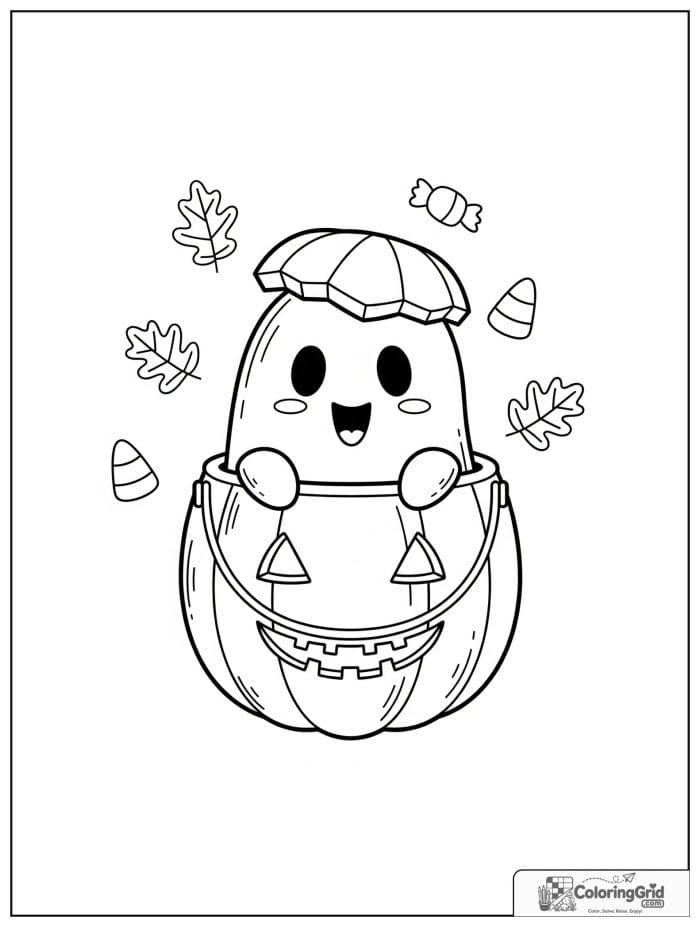 Cute ghost peeking out of a pumpkin bucket with candy corn details.