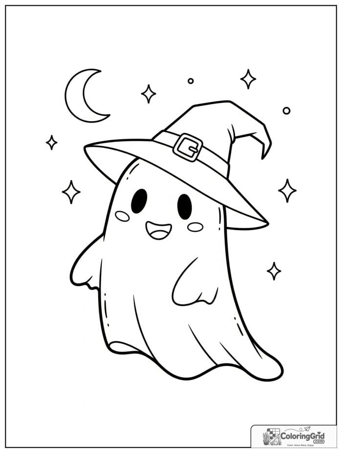 Cute ghost wearing a witch hat with moon and star details.