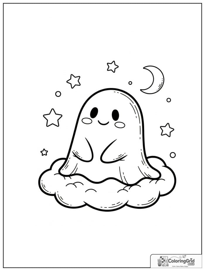 Cute ghost sitting on a fluffy cloud with stars and moon.