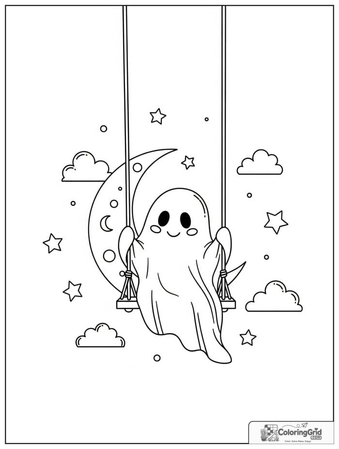 Cute ghost sitting on a crescent moon swing with stars.
