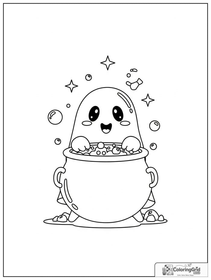 Cute ghost peeking from a cauldron with bubble and star details.