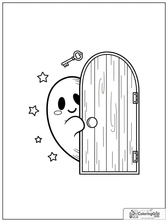 Cute ghost peeking from behind a small door with star details.