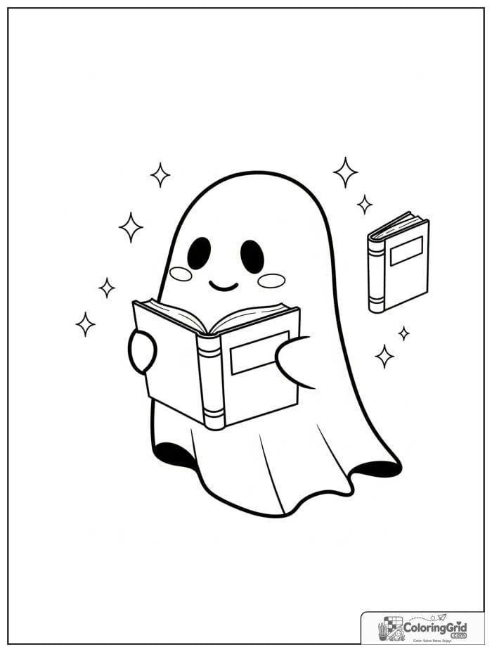 Cute ghost reading a book with small book details in the background.