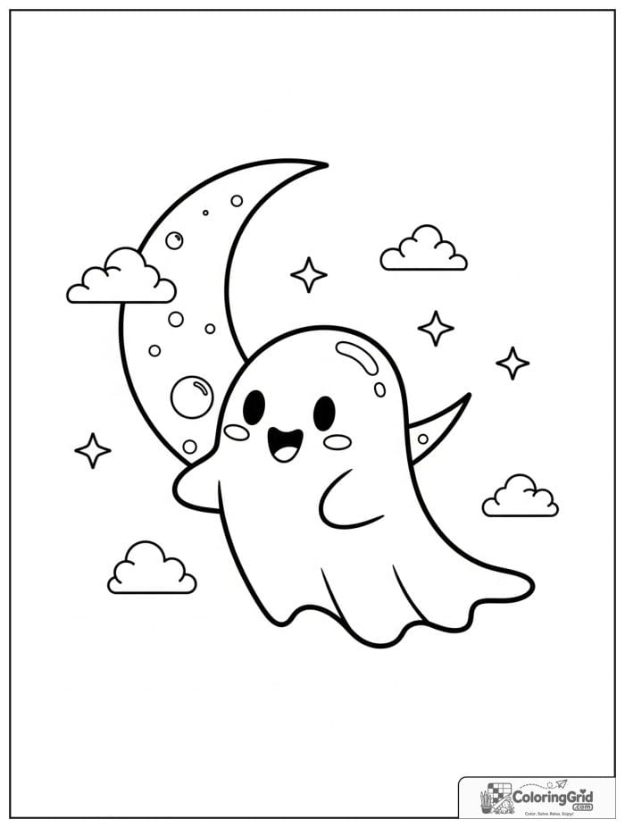 Cute ghost floating under a crescent moon with stars.