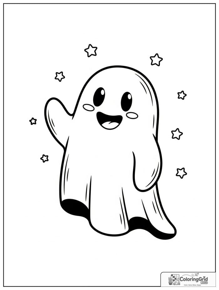 Cute ghost waving with small stars in the background.