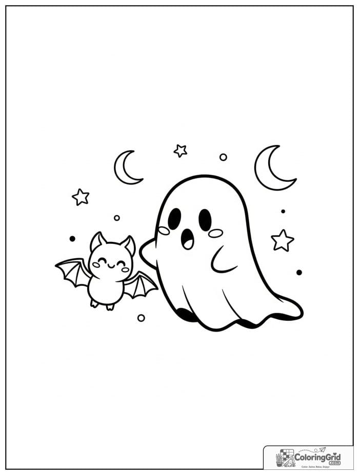 Cute ghost with a tiny bat friend and small moon details.