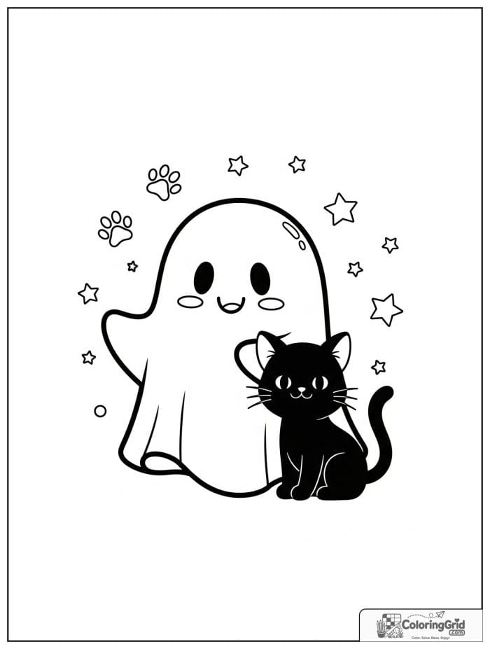 Cute ghost sitting beside a black cat with small paw print details.