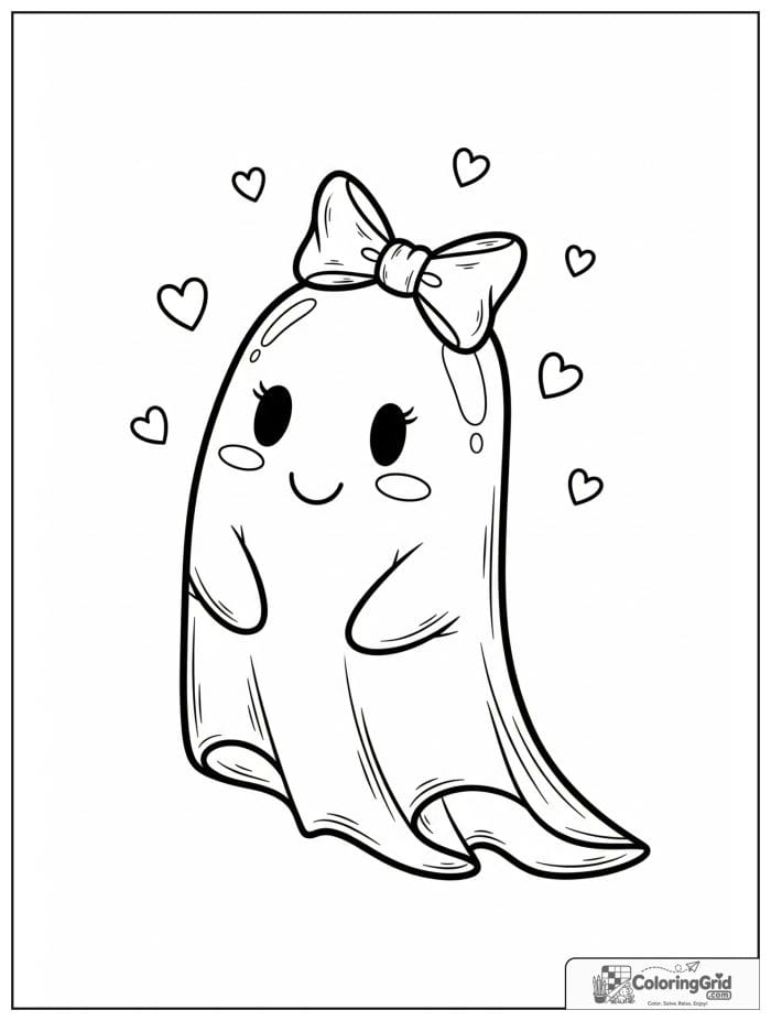 Cute ghost wearing a bow with small hearts in the background.