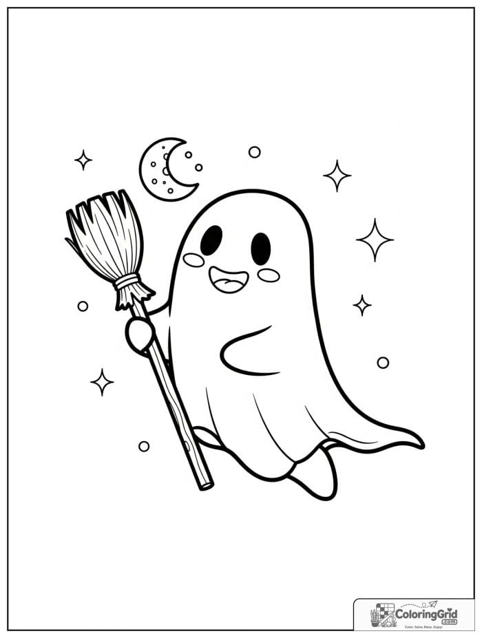 Cute ghost holding a broom with small moon and sparkle details.
