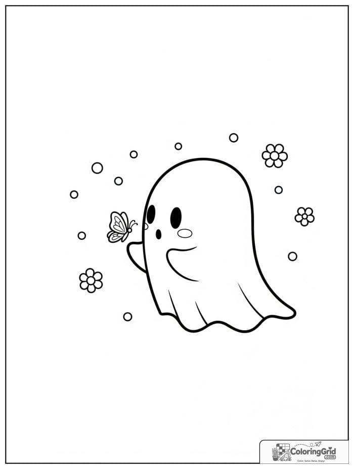Cute ghost watching a butterfly with small flower details.
