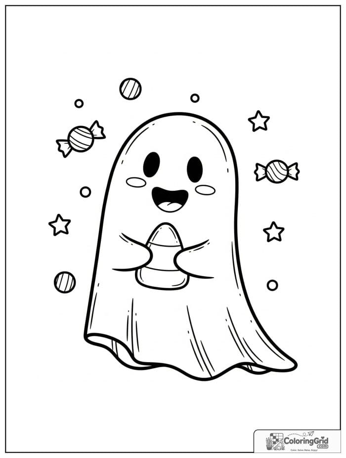 Cute ghost holding candy corn with small candy details.