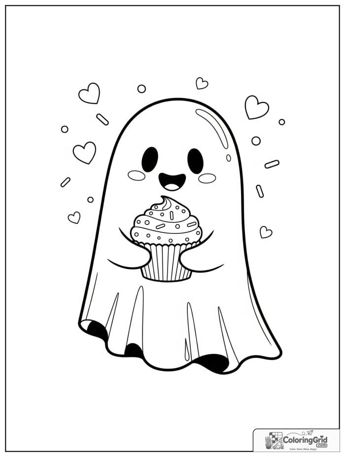 Cute ghost holding a cupcake with sprinkle details in the background.