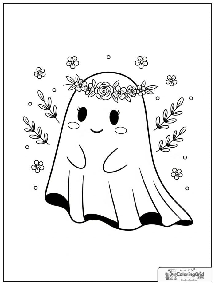 Cute ghost wearing a flower crown with tiny floral background details.