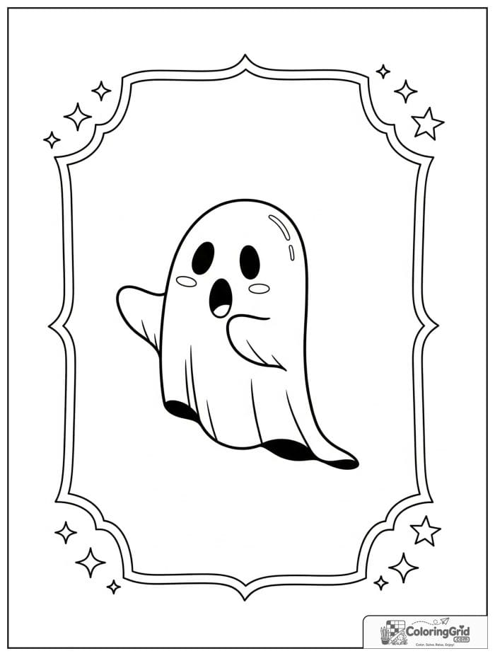 Cute ghost centered in a decorative frame with stars.