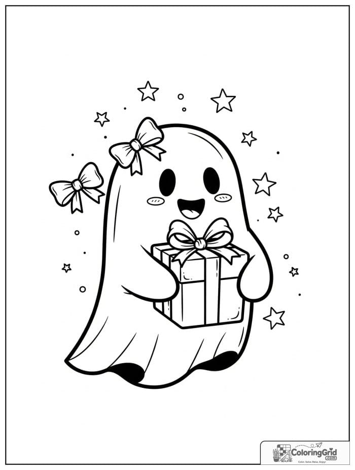 Cute ghost holding a gift box with small bow details.