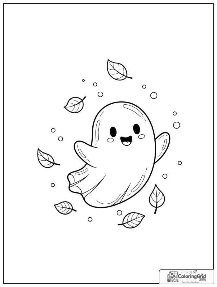 Cute ghost twirling among falling leaves with small dot details.