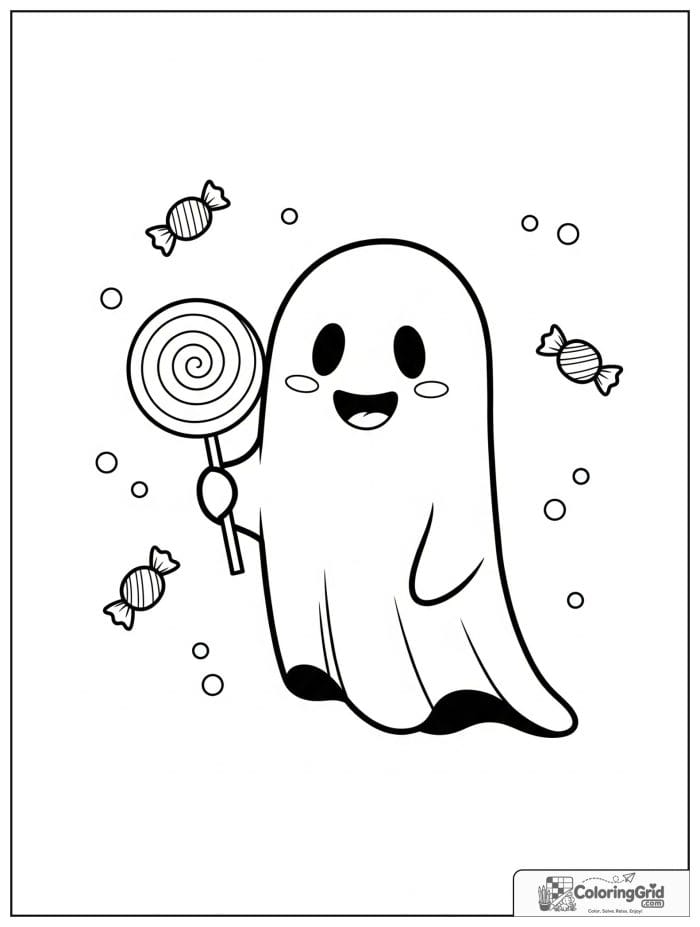 Cute ghost holding a lollipop with small candy decorations.