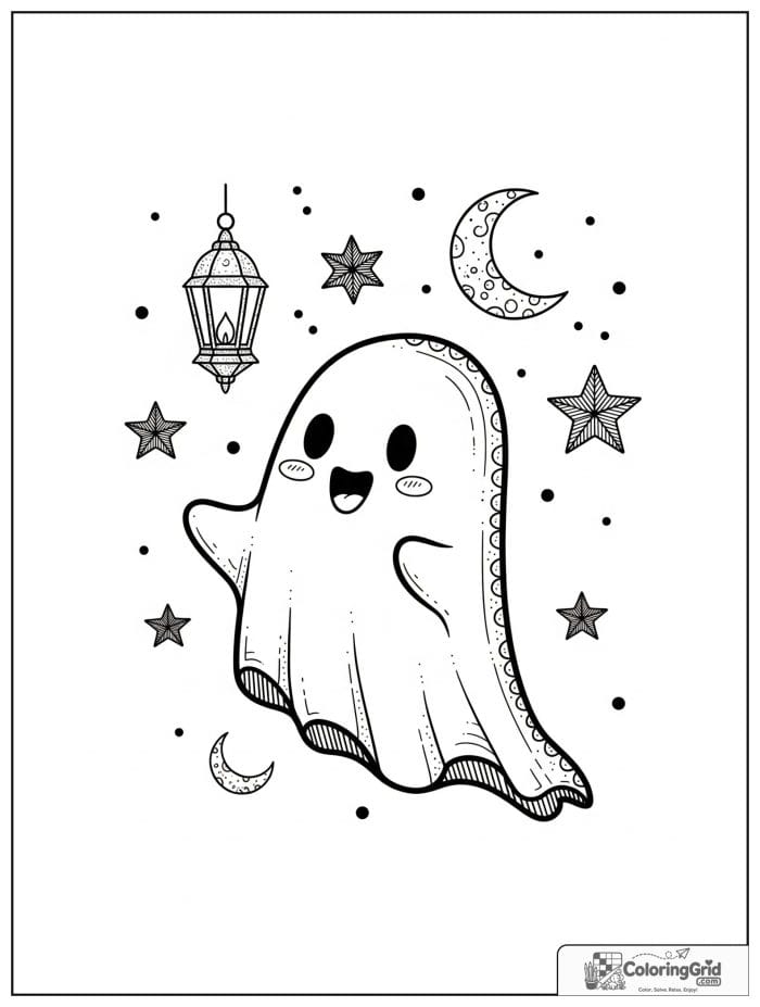 Cute ghost floating with small moon, lantern, and star details.