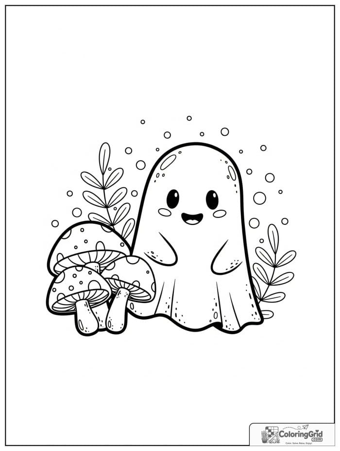 Cute ghost beside mushrooms with small leaf details.