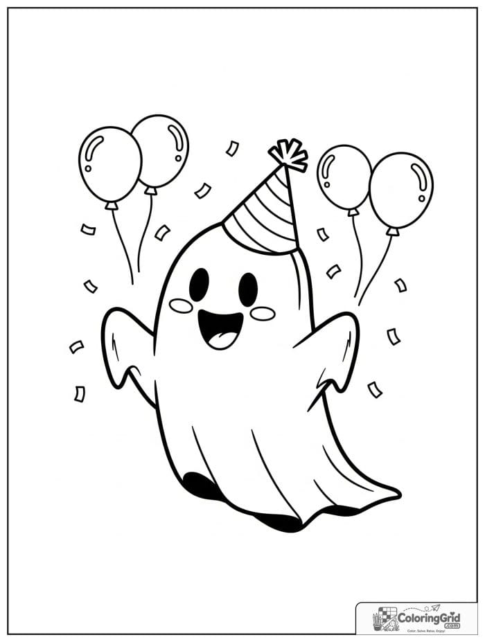 Cute ghost wearing a party hat with confetti and balloon details.